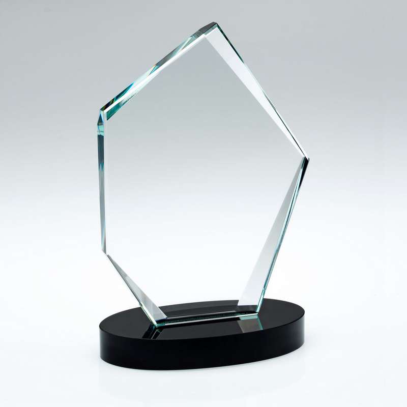 CLEAR GLASS OFFSET DIAMOND PLAQUE ON BLACK BASE (15mm THICK) – 7in