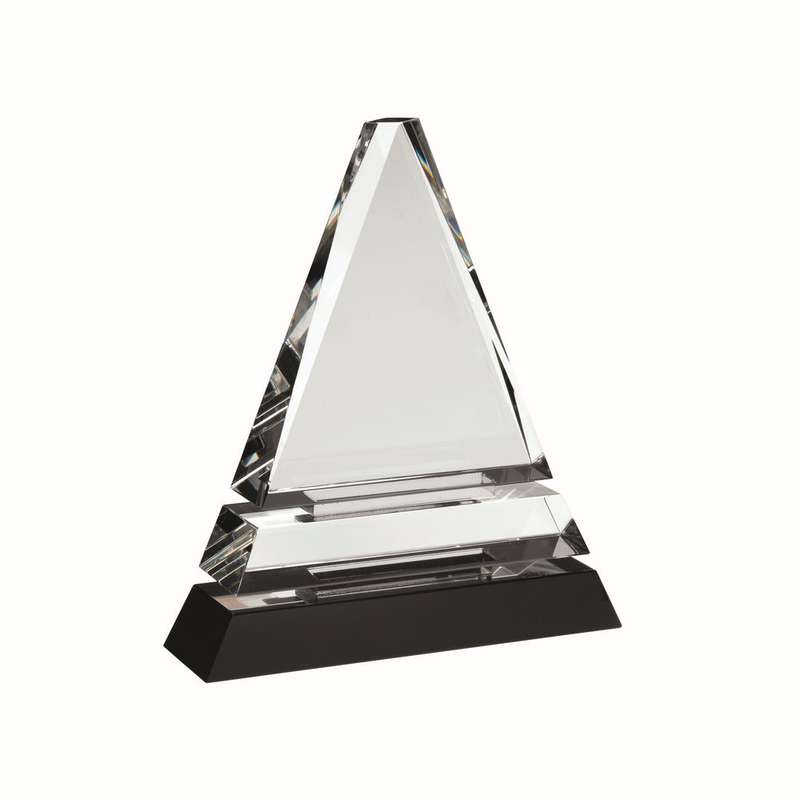 CLEAR GLASS PYRAMID ON BLACK BASE – 6.5in