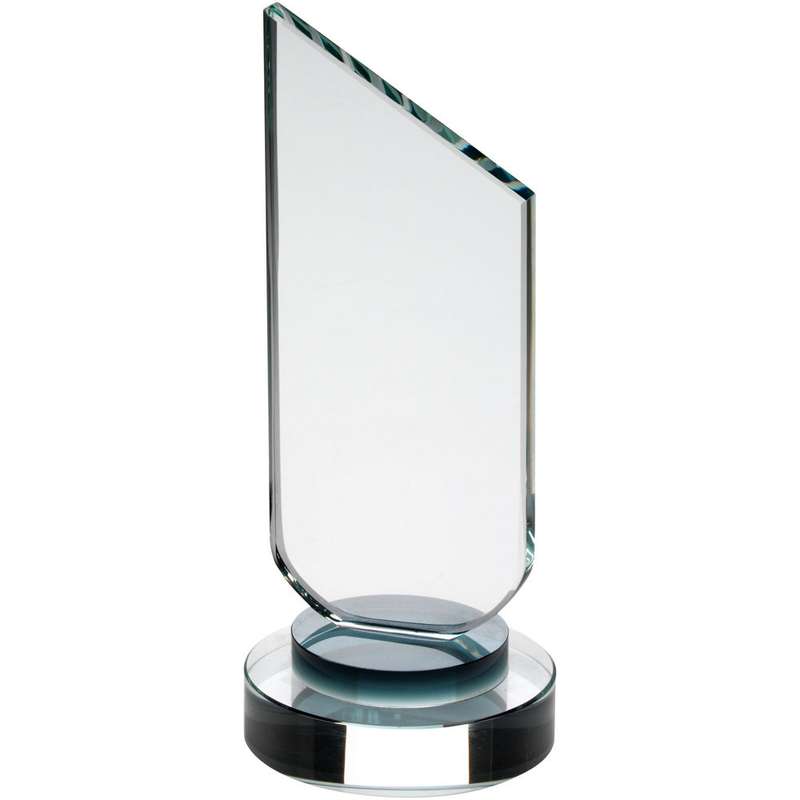 CLEAR GLASS PLAQUE WITH BLACK NECK AND ROUND BASE – 6.25in