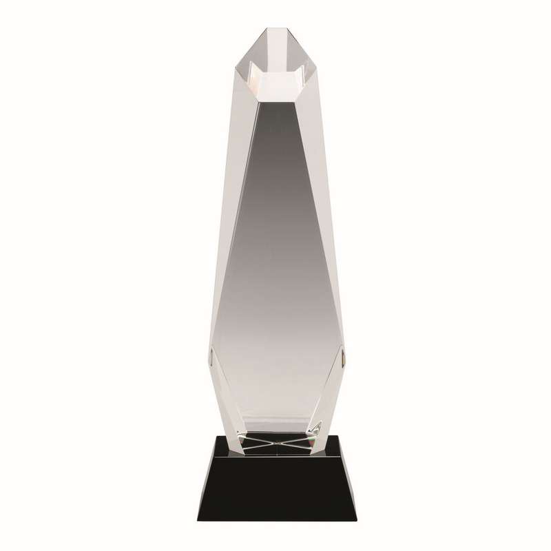 CLEAR GLASS HEXAGONAL COLUMN ON BLACK BASE – 11in