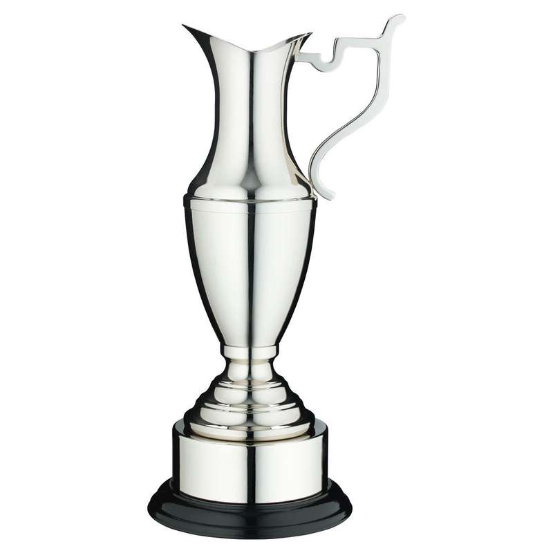 NICKEL PLATED CLARET JUG ON ROUND BASE WITH PLINTH – 9in