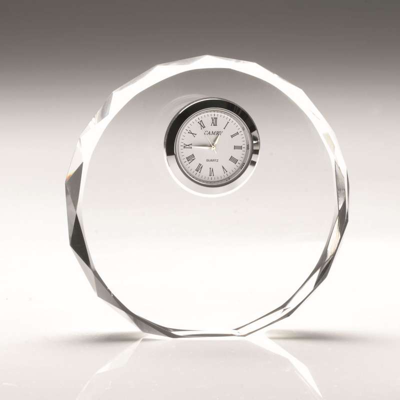 CLEAR GLASS ROUND CLOCK (20mm THICK) – 4.5in