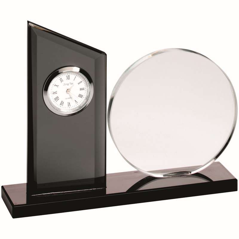CLEAR/BLACK GLASS CLOCK AND ROUND PLAQUE – 5.25in
