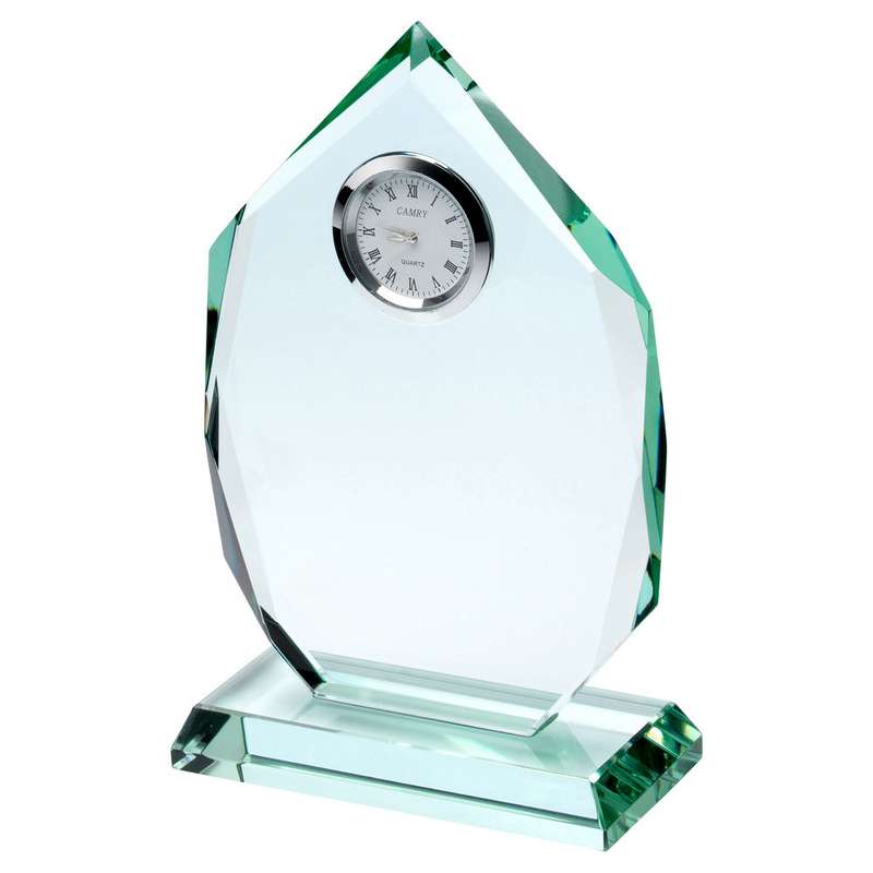 JADE GLASS DIAMOND PLAQUE WITH CLOCK (15mm THICK) – 6.5in