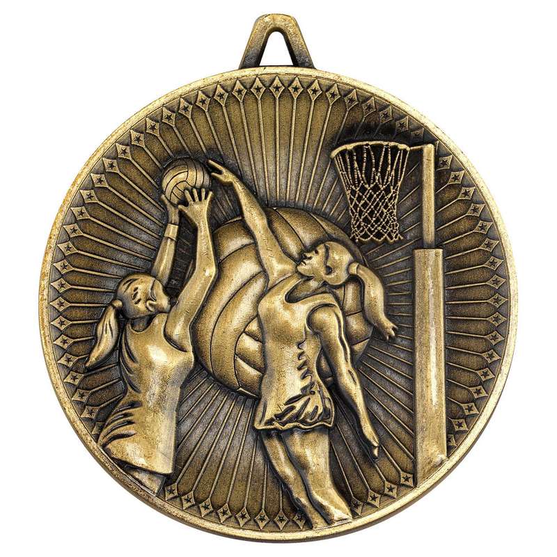 NETBALL DELUXE MEDAL ANTIQUE GOLD – 2.35in