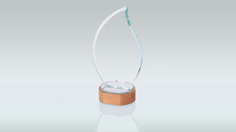 CLEAR GLASS FLAME ON LIGHT WOOD BASE (10mm THICK) – 7.5in