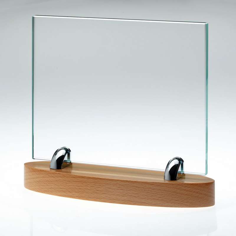 CLEAR GLASS 10mm RECTANGLE ON LIGHT WOOD BASE – (GLASS 6.75 x 8.25″) 8 x 9in