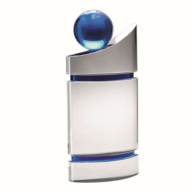 CLEAR/BLUE DOMED GLASS PLAQUE WITH BLUE GLOBE – 8.25in