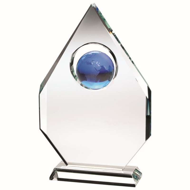 CLEAR GLASS DIAMOND PLAQUE WITH BLUE GLOBE – (15mm THICK) 9in