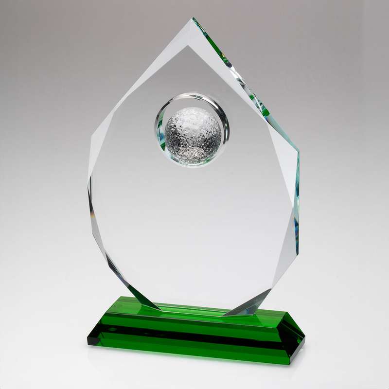 CLEAR GLASS DIAMOND WITH GOLF BALL ON GREEN BASE (15mm THICK) – 8in