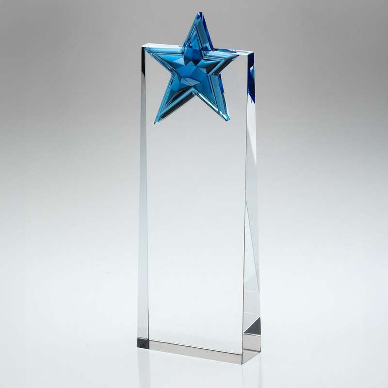 CLEAR GLASS WEDGE WITH BLUE GLASS STAR – 8in