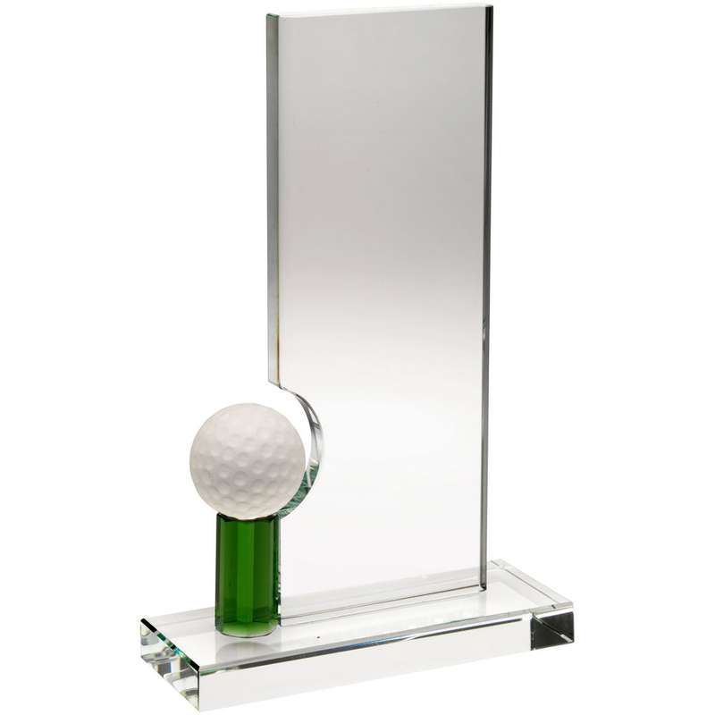 CLEAR/GREEN GLASS RECTANGLE WITH GOLF BALL (10mm THICK) – 8in