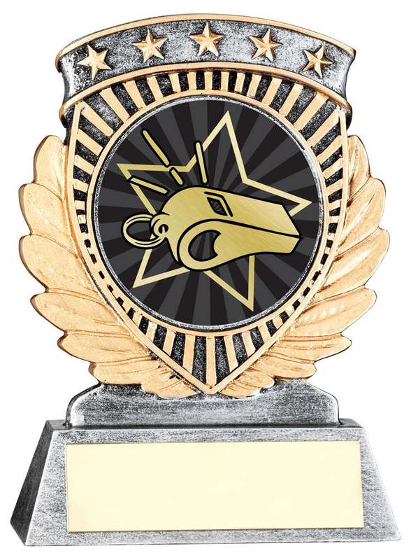 PEW/GOLD 5 STAR HOLDER WITH VINYL REFEREE INSERT & PLATE – 3.75in