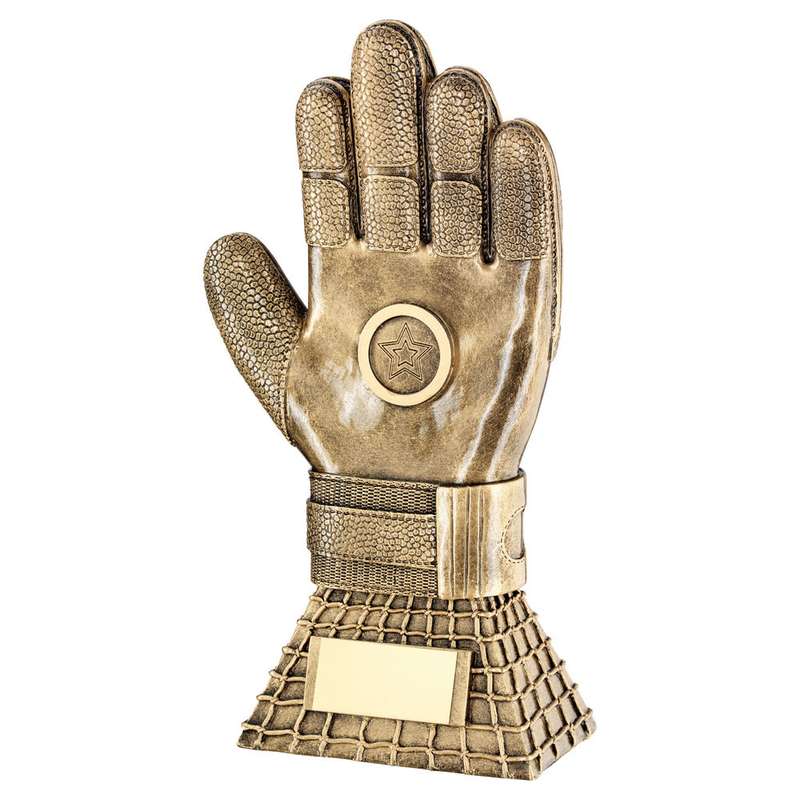 BRZ/GOLD FOOTBALL GOALKEEPER GLOVE ON NET BASE WITH PLATE (1in CENTRE) – 10in