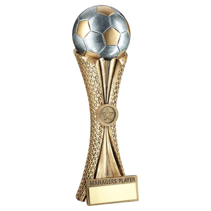 BZ/PW/G FOOTBALL ON TRI MESH COLUMN WITH PLATE (1in CEN) MANAGERS PLAYER – 12in