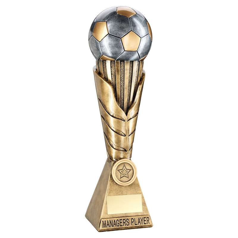 BRZ/PEW/GOLD FOOTBALL ON LEAF COLUMN WITH PLATE (1in CEN) MANAGERS PLAYER – 12″