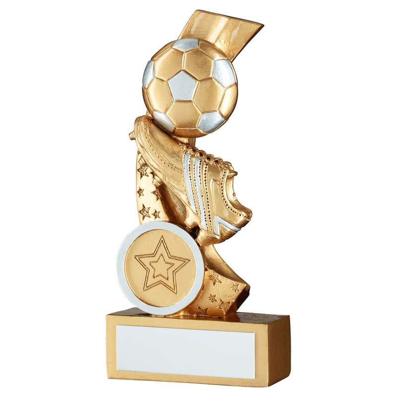 GOLD/SILVER FOOTBALL AND BOOT ON MULTI STAR CURVE WITH PLATE (1in CENTRE) – 5in