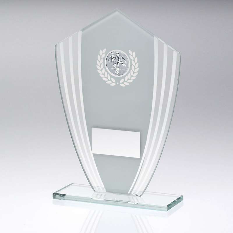 WHITE/SILVER GLASS SHIELD PLAQUE WITH FOOTBALL INSERT & PLATE – 6.5in