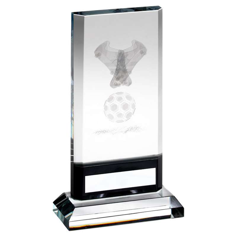 CLEAR/BLACK GLASS WITH LASERED FOOTBALL IMAGE AND PLATE (15mm THICK) – 6.75in