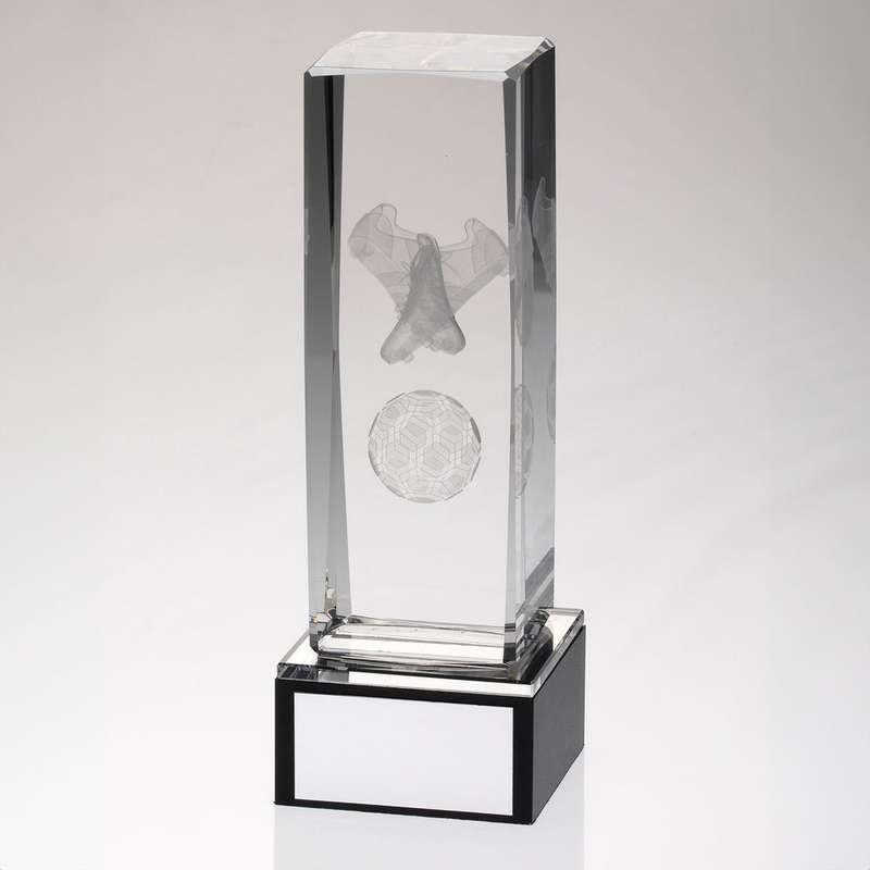 CLEAR GLASS LASERED FOOTBALL COLUMN ON BLACK BASE WITH PLATE – 6in