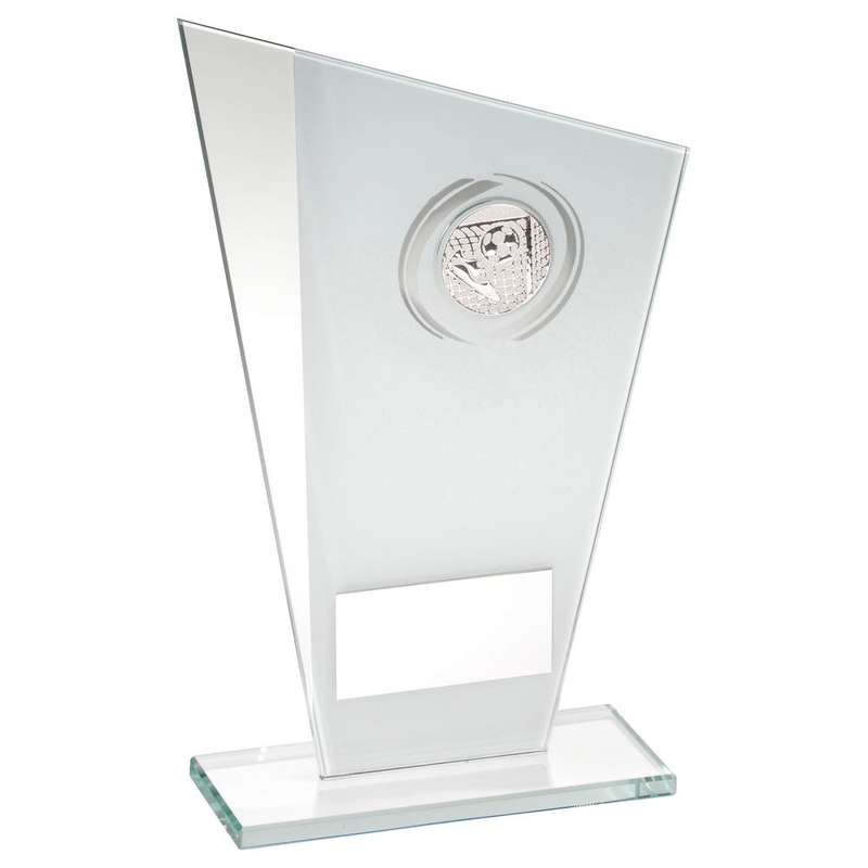 WHITE/SILVER PRINTED GLASS PLAQUE WITH FOOTBALL INSERT AND PLATE – 8in