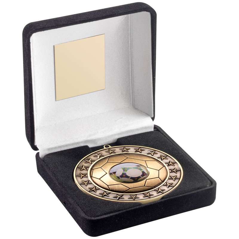 BLACK VELVET BOX AND 70mm FOOTBALL MEDAL TROPHY (1in CENTRE) ANT GOLD – 4in