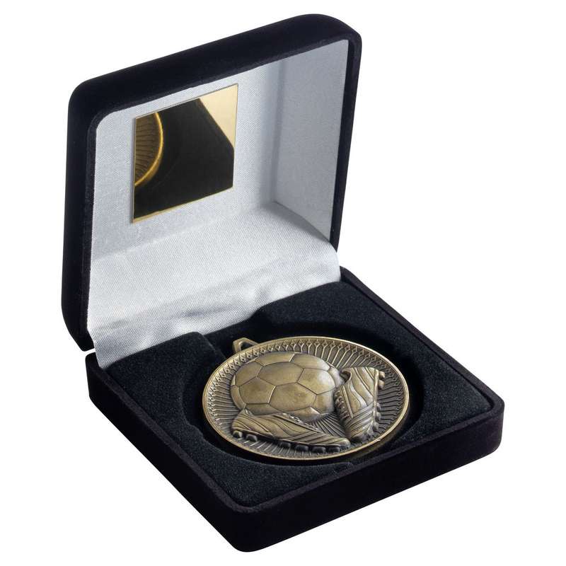 BLACK VELVET BOX AND 60mm MEDAL FOOTBALL TROPHY ANTIQUE GOLD – 4in