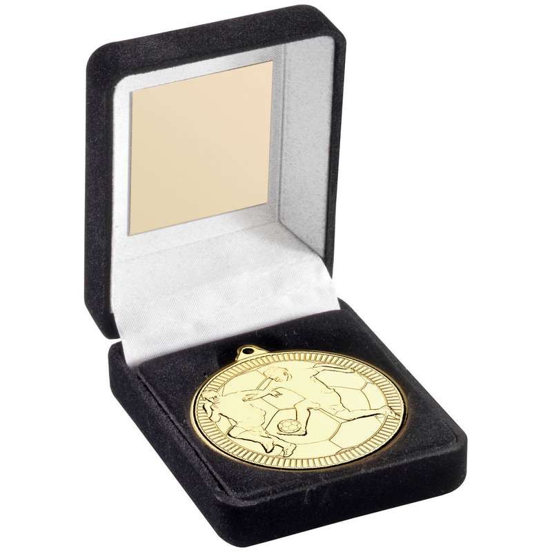 BLACK VELVET BOX AND 50mm MEDAL FOOTBALL TROPHY GOLD – 3.5in