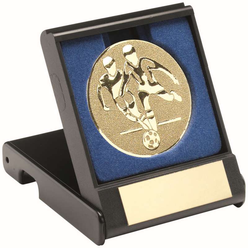 BLACK PLASTIC BOX WITH FOOTBALL PLAYERS INSERT GOLD – 3.5in