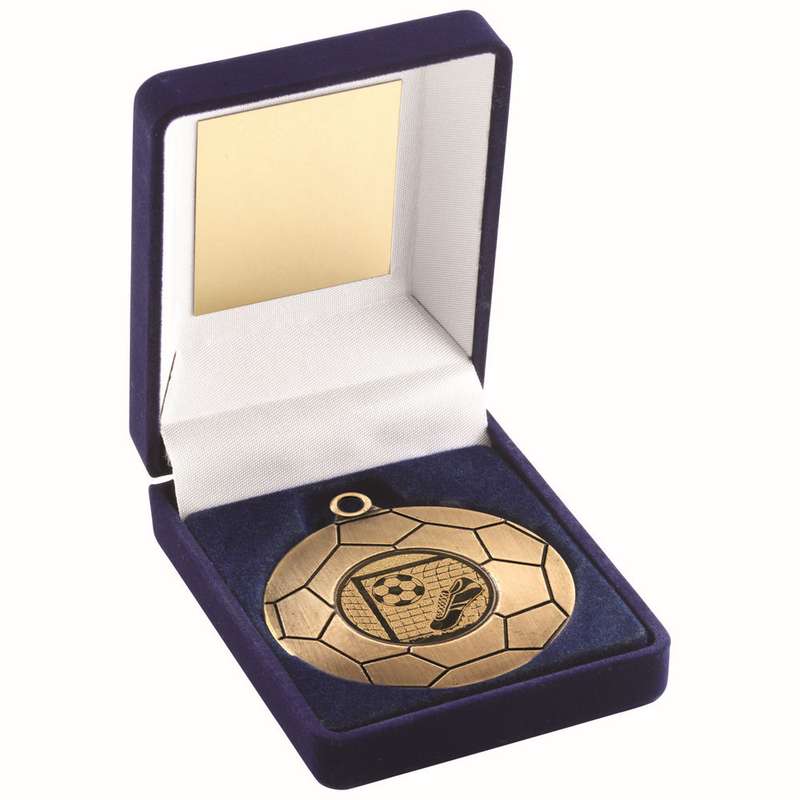 BLUE VELVET BOX AND 50mm FOOTBALL MEDAL TROPHY ANTIQUE GOLD (1in CEN) – 3.5in