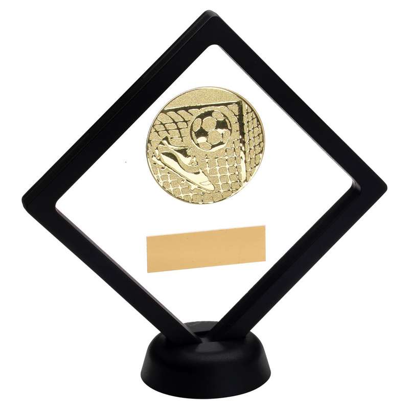 BLACK/CLEAR PLASTIC BOX WITH FOOTBALL INSERT TROPHY GOLD – 6in