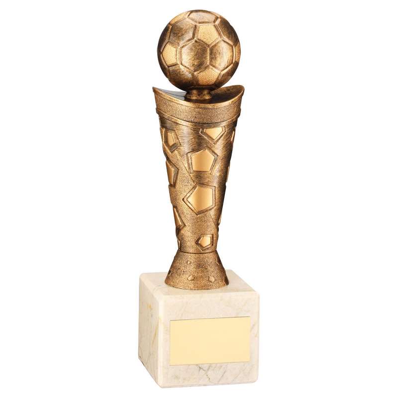 BRONZE/GOLD PLASTIC FOOTBALL FIGURE ON CREAM MARBLE TROPHY – 6.75in