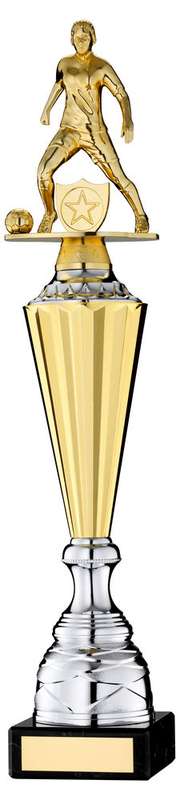 GOLD PLASTIC FEMALE FOOTBALL FIGURE ON GOLD/SILVER TROPHY (1in CEN) – 15.75in