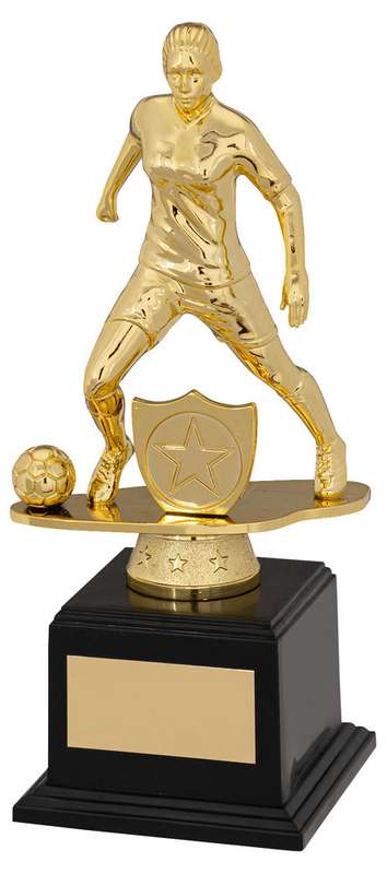 GOLD/BLACK PLASTIC FEMALE FOOTBALL FIGURE ON FILLED BASE (1in CEN) – 7.5in