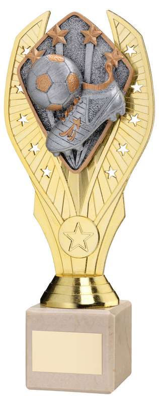 GOLD PLASTIC HOLDER + FOOTBALL DISC ON CREAM MARBLE TROPHY (1in CEN) – 7.75in