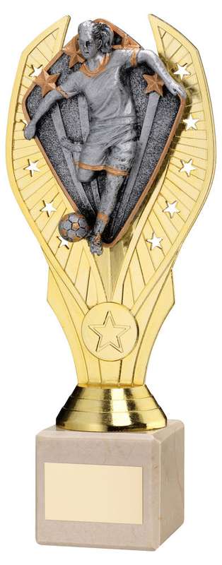 GOLD PLASTIC HOLDER + FEMALE FOOTBALL DISC ON CREAM MARBLE TROPHY (1in CEN) – 7.75in