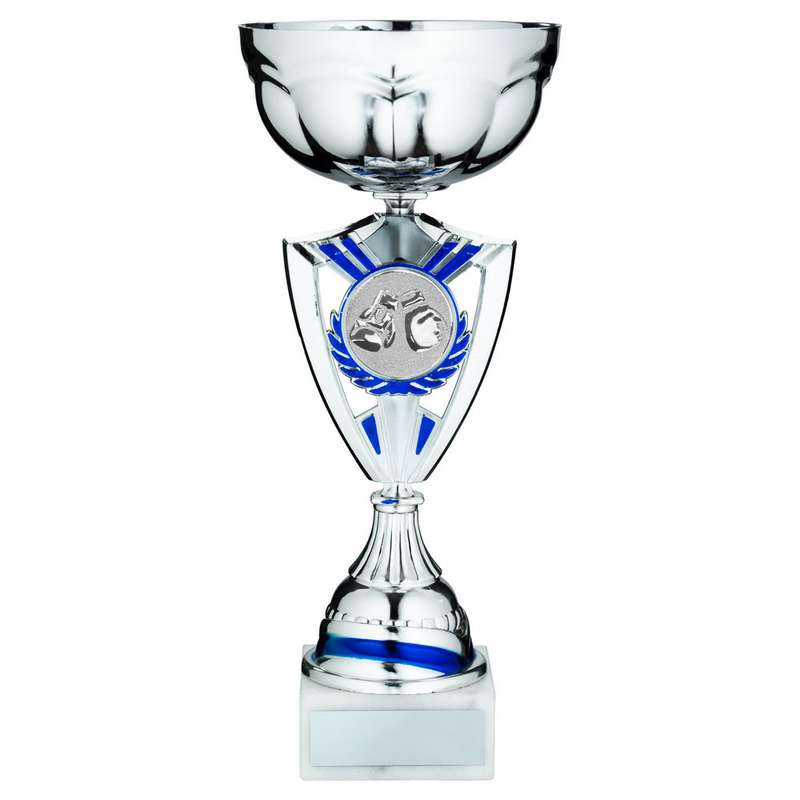 SILVER/BLUE TROPHY CUP WITH BOXING INSERT AND PLATE – 11.75in