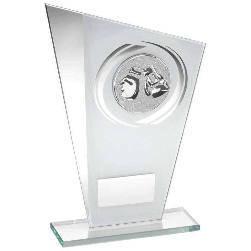 WHITE/SILVER PRINTED GLASS PLAQUE WITH BOXING INSERT WITH PLATE – 8in