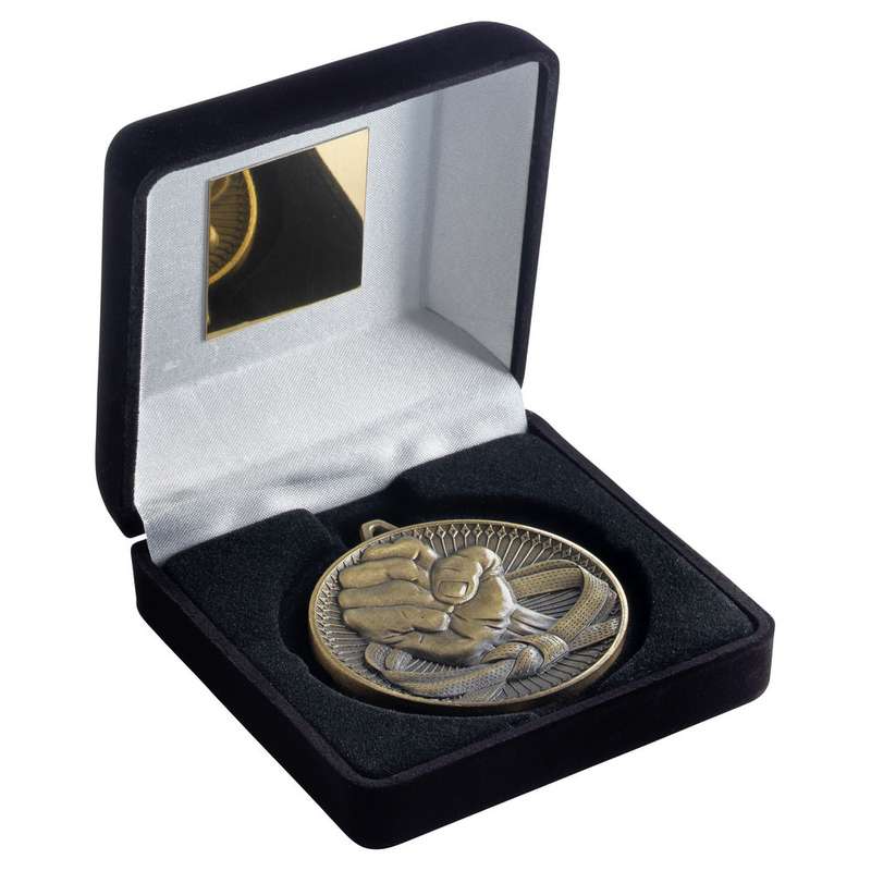 BLACK VELVET BOX AND 60mm MEDAL MARTIAL ARTS TROPHY ANTIQUE GOLD – 4in