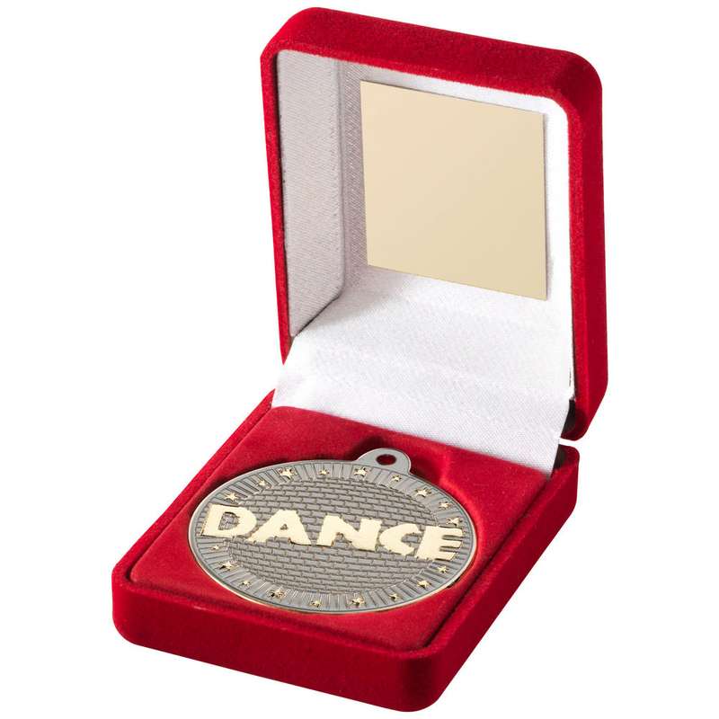 RED VELVET BOX AND 50mm DANCE MEDAL TROPHY MATT SILVER/GOLD – 3.5in
