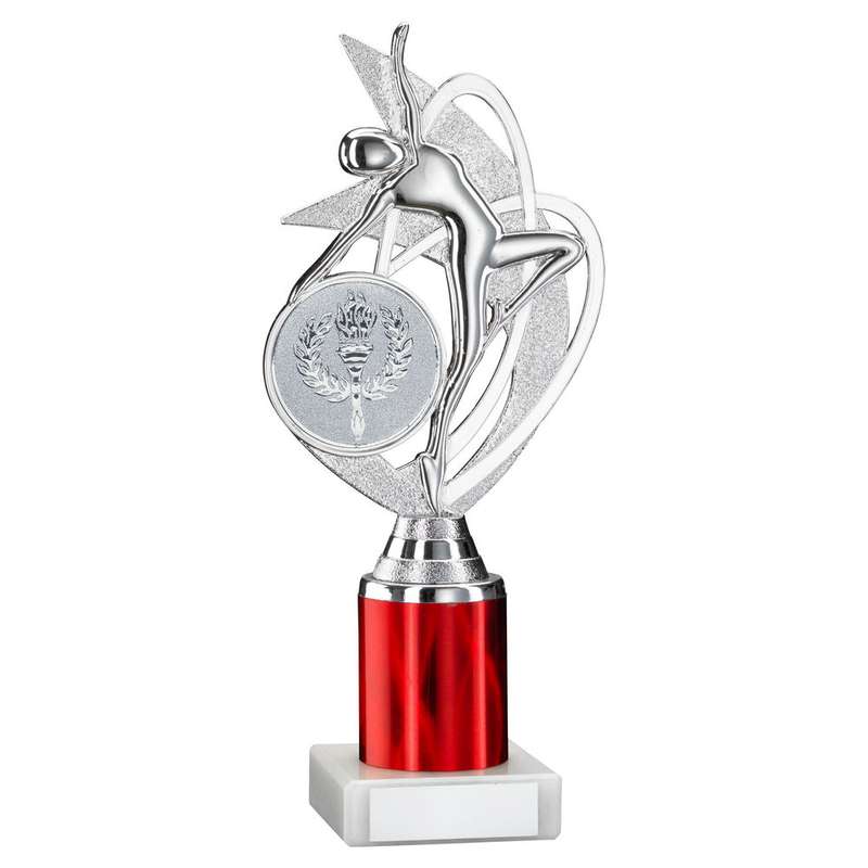 SILVER/RED DANCE/GYM FIGURE ASSEMBLED ON MARBLE – (2″ CEN/1″ TUBE) 8in