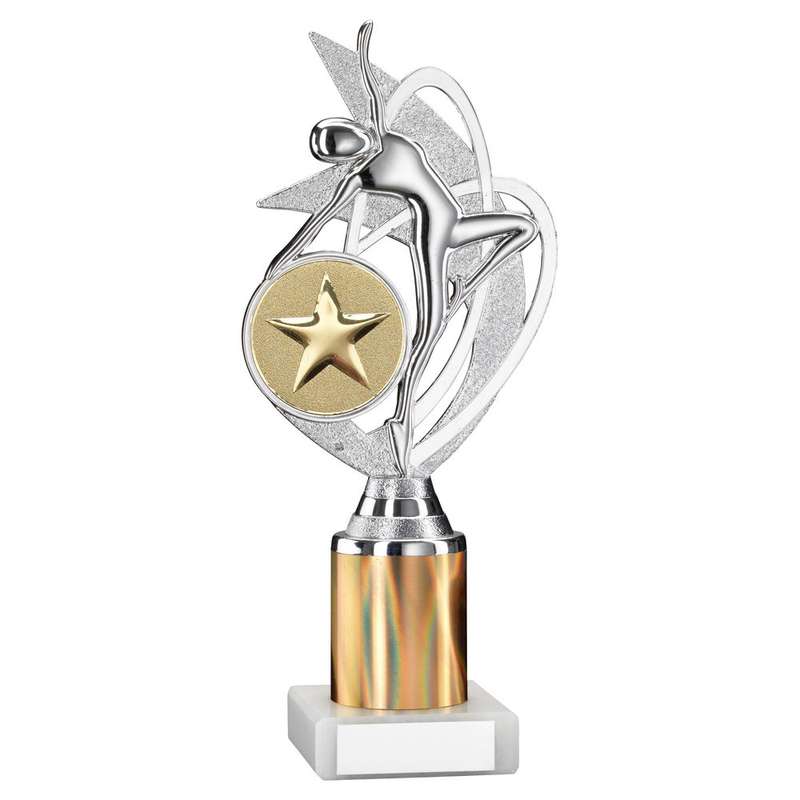 SILVER/GOLD DANCE/GYM FIGURE ASSEMBLED ON MARBLE – (2″ CEN/1″ TUBE) 8in