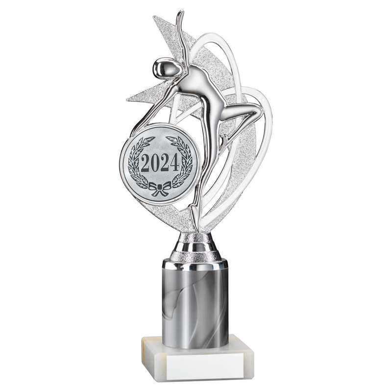 SILVER/WHITE DANCE/GYM FIGURE ASSEMBLED ON MARBLE – (2″ CEN/1″ TUBE) 8in