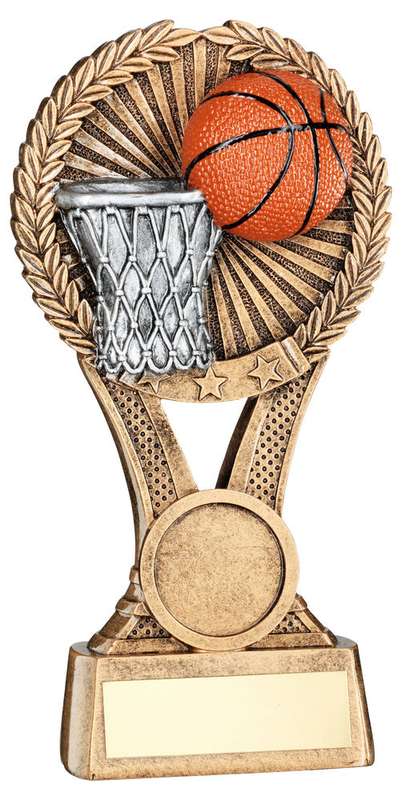BRZ/GOLD/PEW BASKETBALL ROUND WREATH ON V RISER WITH PLATE (1in CEN) – 5in