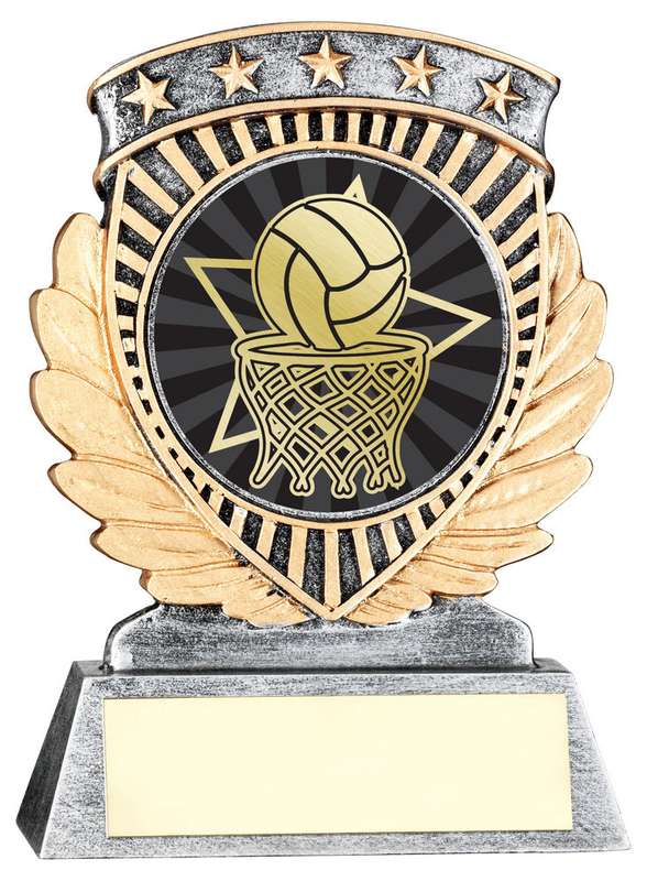 PEW/GOLD 5 STAR HOLDER WITH VINYL NETBALL INSERT & PLATE – 3.75in