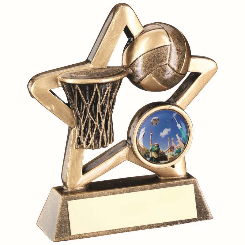 BRZ/GOLD NETBALL MINI STAR WITH PLATE (1in CENTRE) – 3.75in