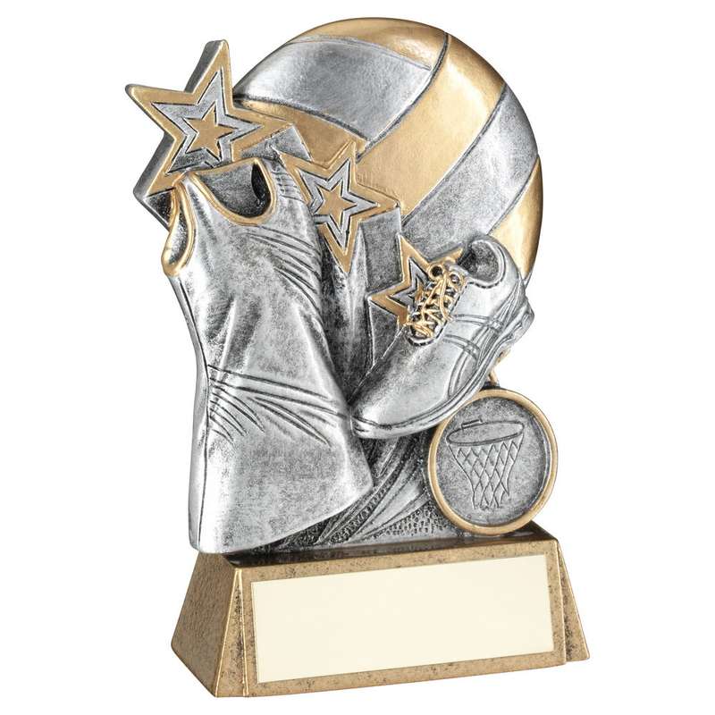 PEW/GOLD NETBALL WITH SHOE AND DRESS ON BRZ BASE WITH PLATE (1in CEN) – 5.25″