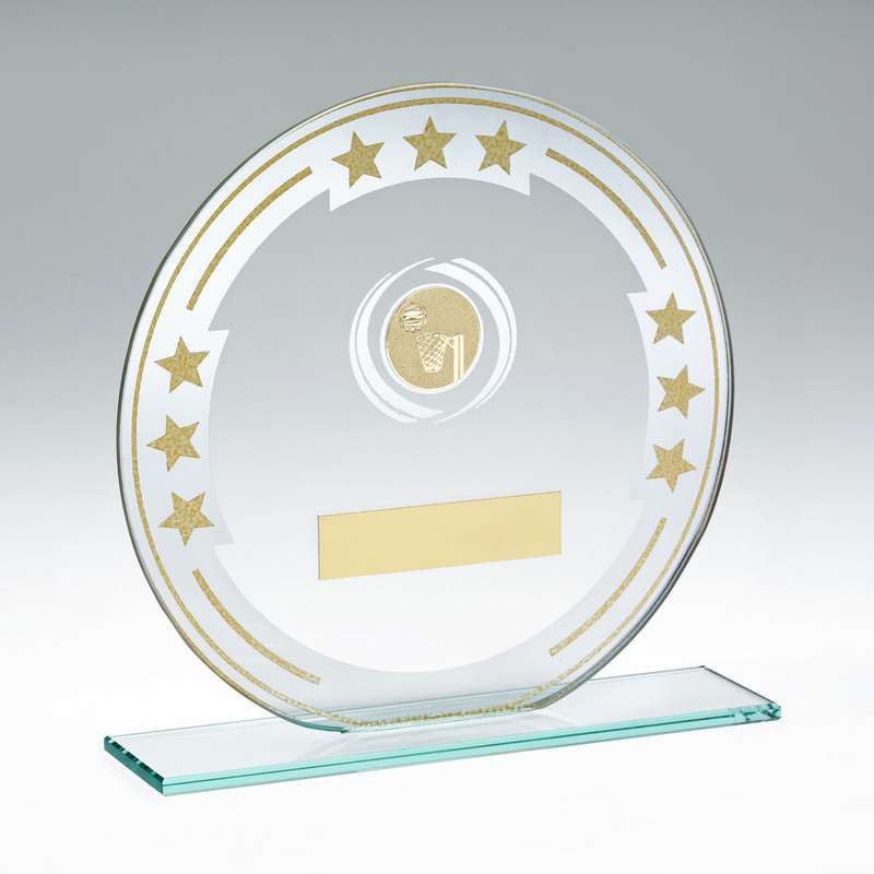 JADE/SILVER/GOLD ROUND GLASS WITH NETBALL INSERT AND PLATE – 5.5in