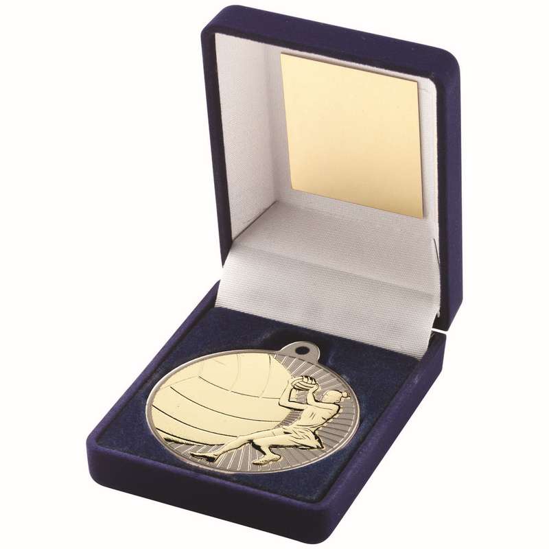 BLUE VELVET BOX AND 50mm NETBALL MEDAL TROPHY MATT SILVER/GOLD – 3.5in