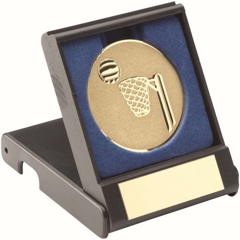 BLACK PLASTIC BOX WITH NETBALL INSERT TROPHY GOLD – 3.5in